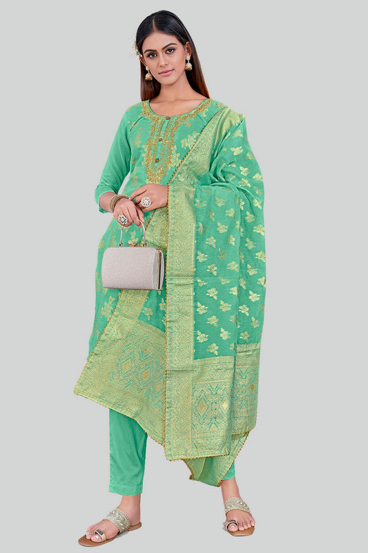 Sea Green Colour Chanderi Silk Pant Style Suit