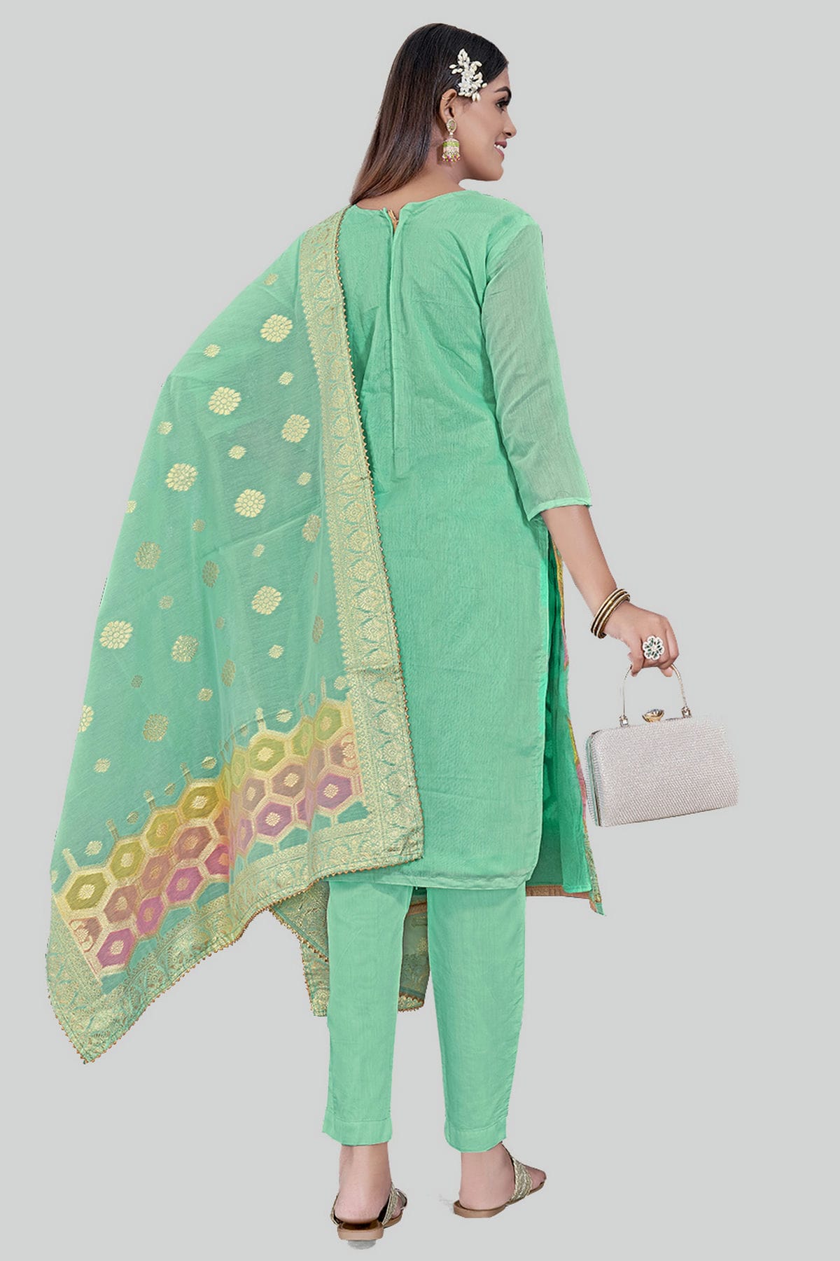 Sea Green Colour Chanderi Silk Pant Style Suit