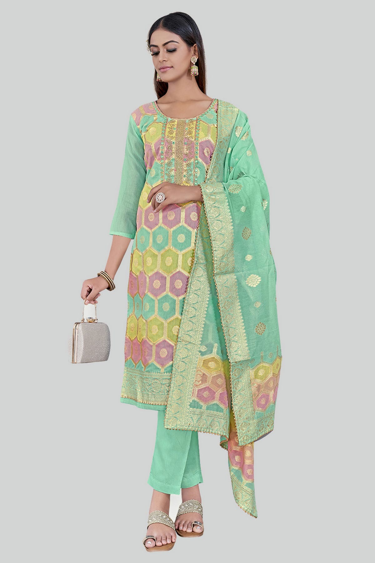 Sea Green Colour Chanderi Silk Pant Style Suit