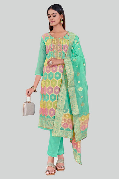 Sea Green Colour Chanderi Silk Pant Style Suit