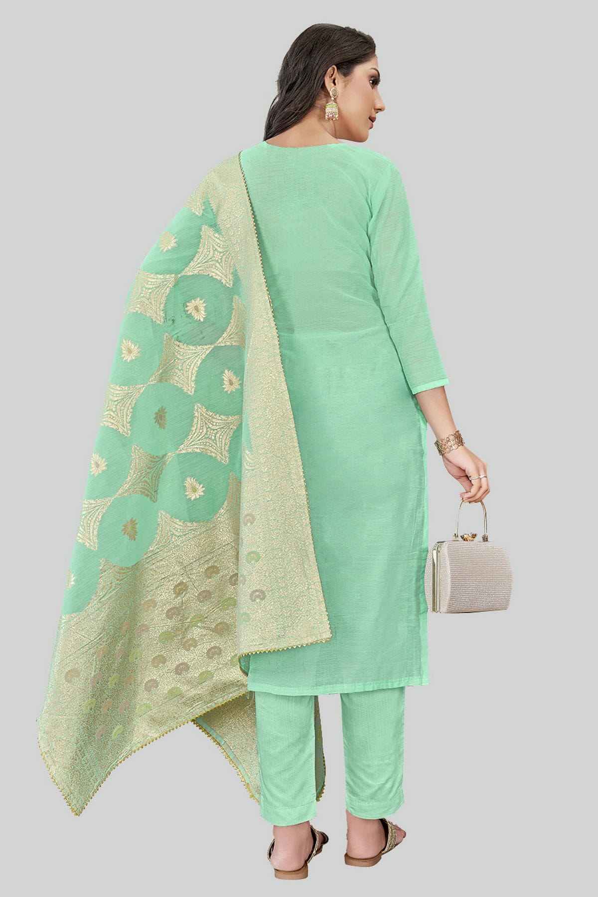 Sea Green Colour Chanderi Silk Pant Style Suit