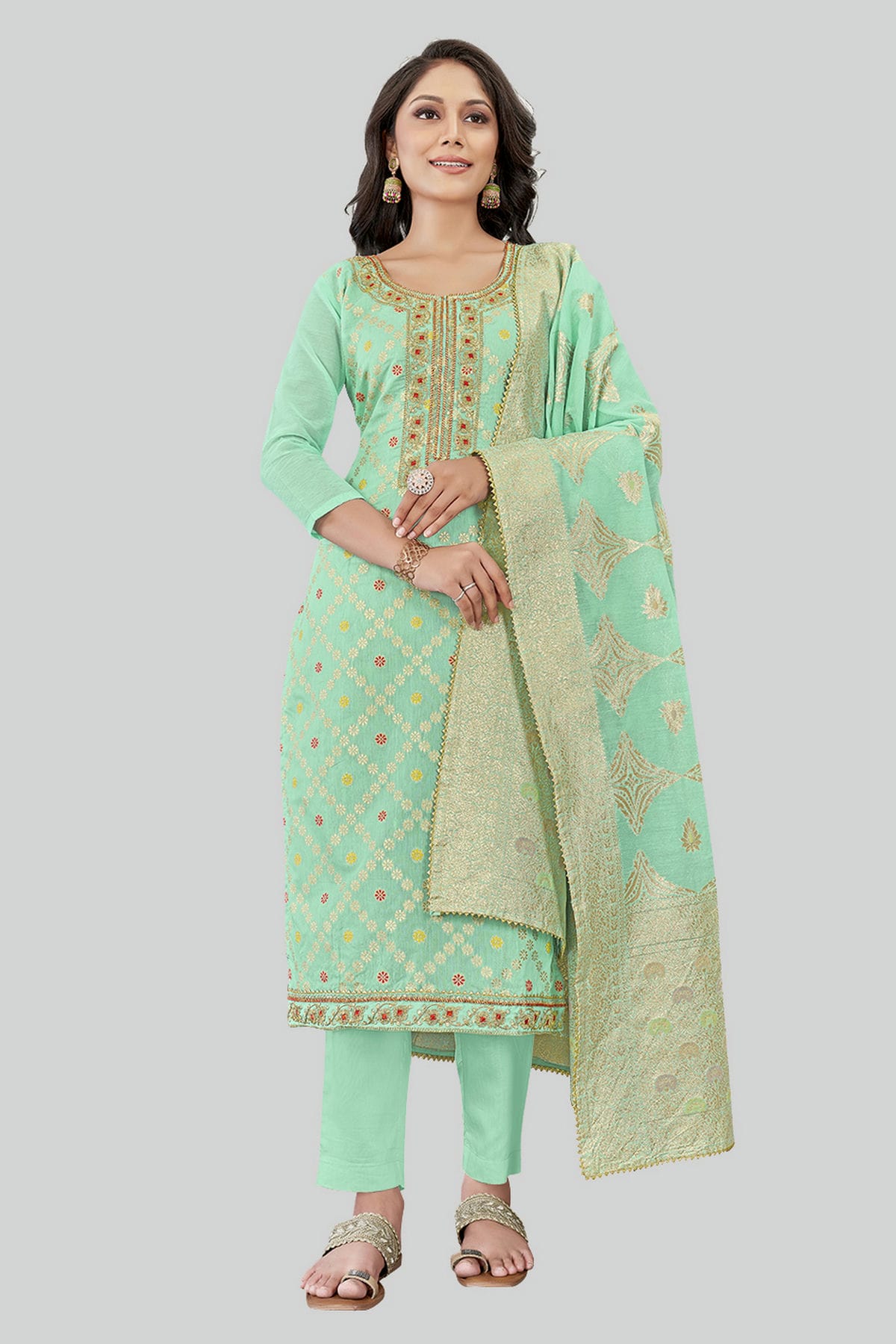 Sea Green Colour Chanderi Silk Pant Style Suit