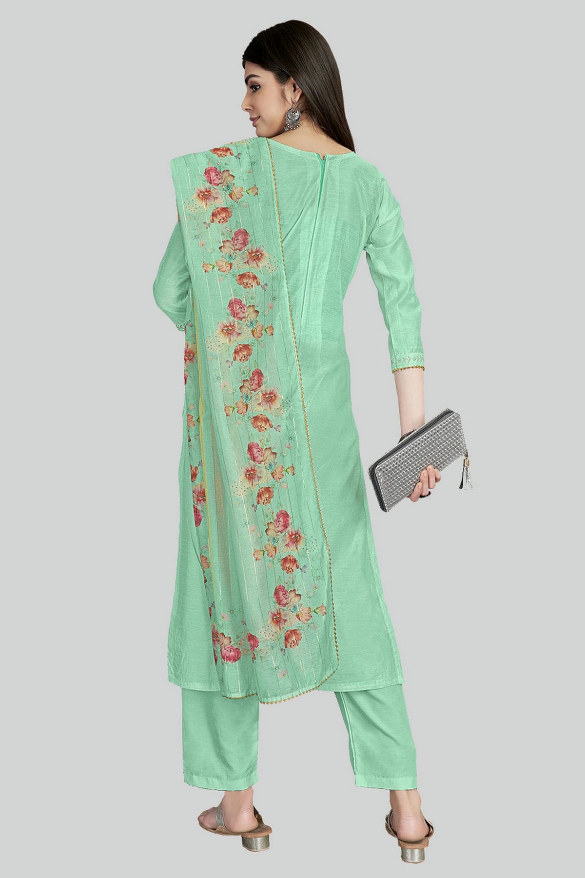 Sea Green Colour Chanderi Silk Pant Style Suit