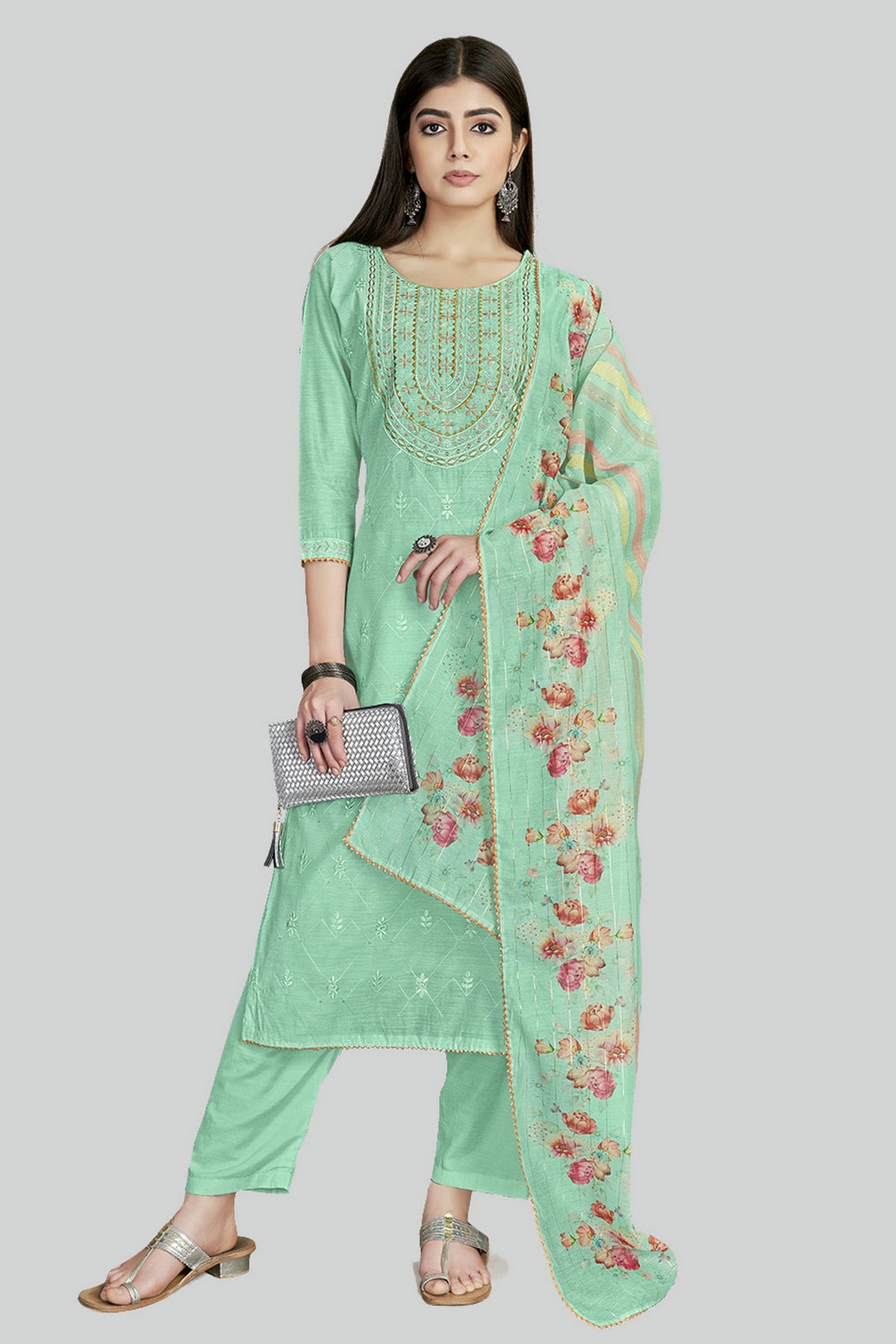 Sea Green Colour Chanderi Silk Pant Style Suit