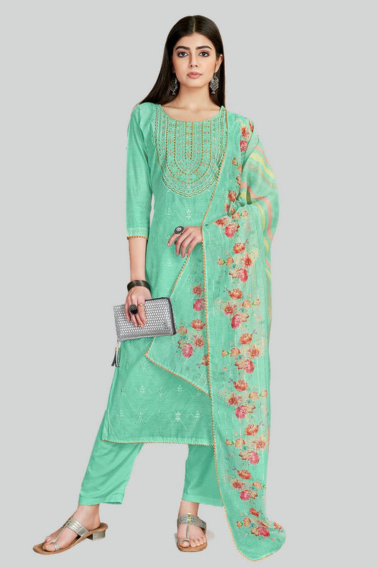 Sea Green Colour Chanderi Silk Pant Style Suit