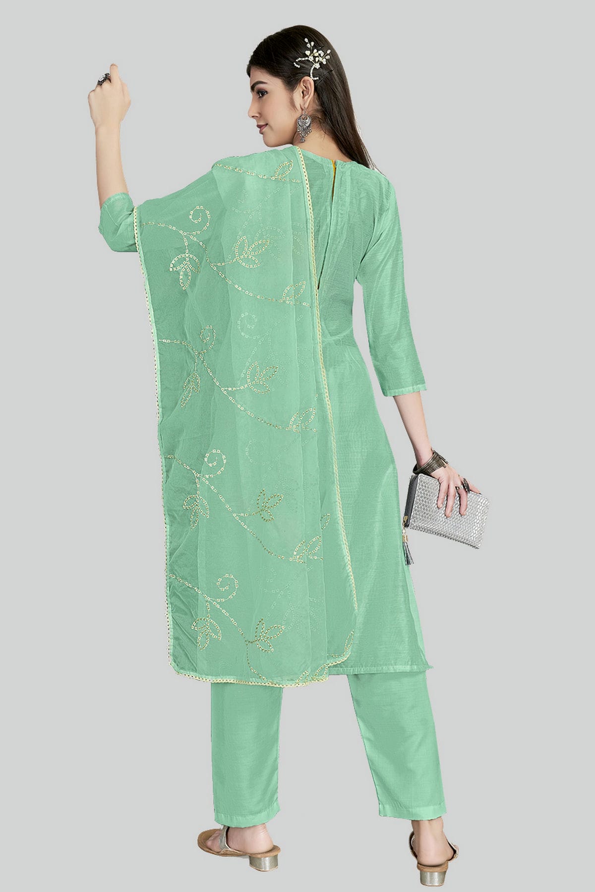 Sea Green Colour Chanderi Silk Pant Style Suit