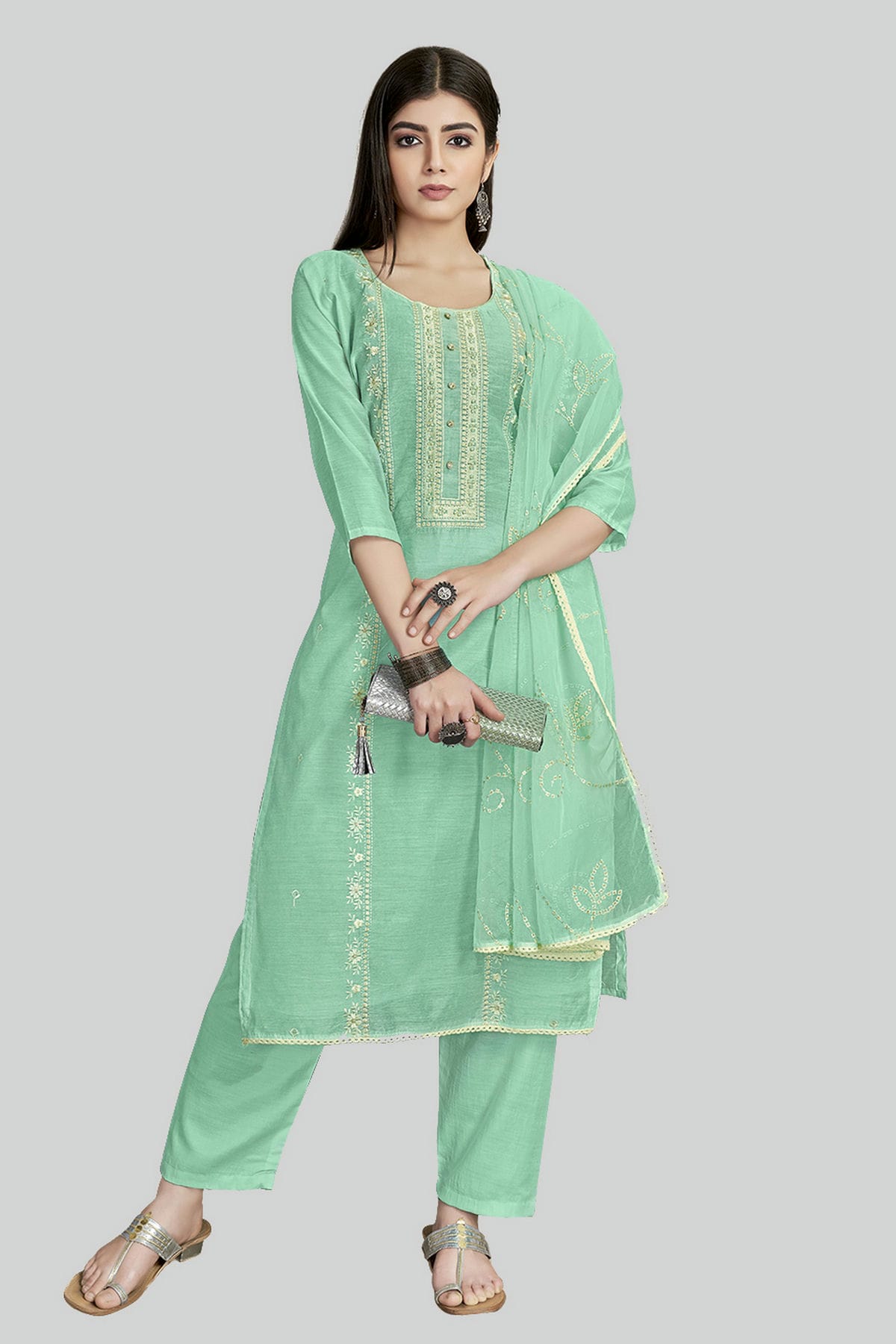 Sea Green Colour Chanderi Silk Pant Style Suit