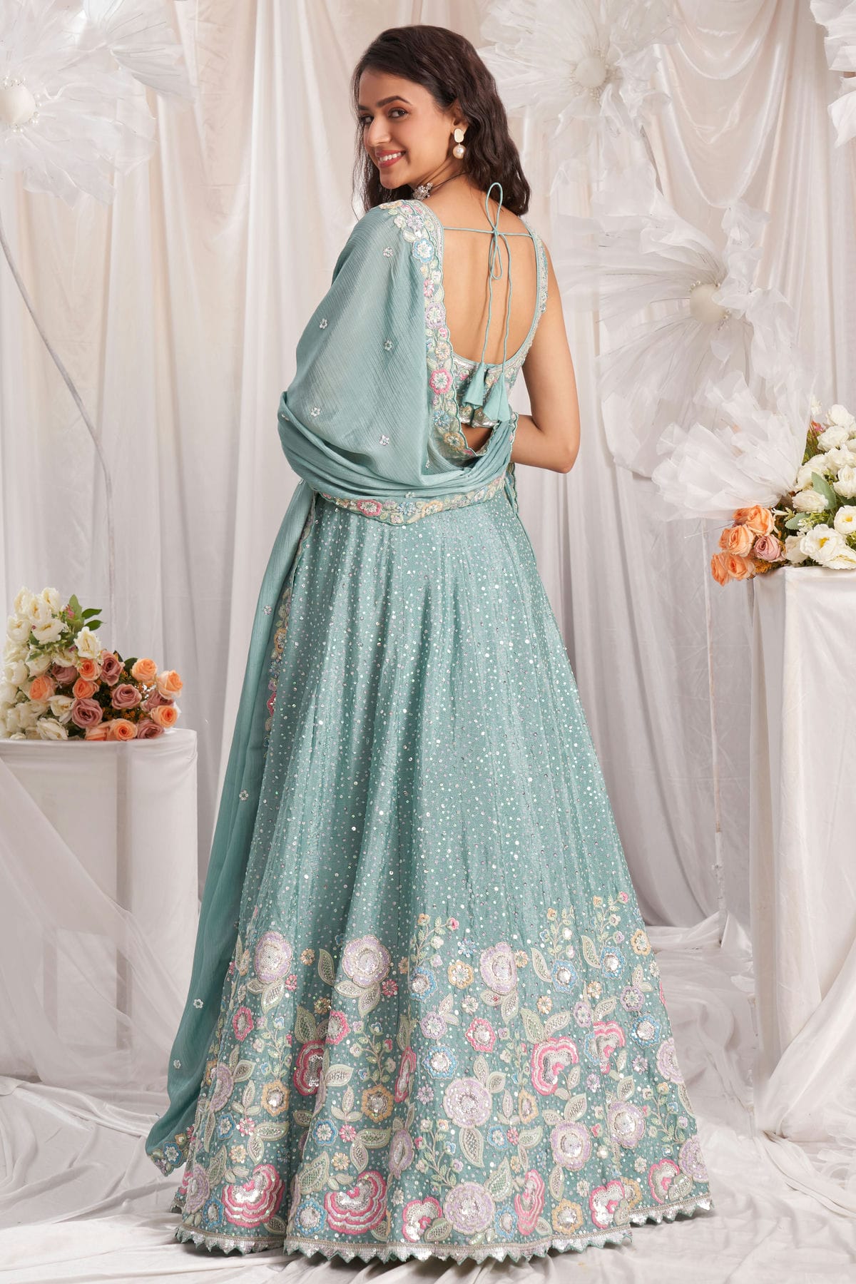 Sea Green Colour Chiffon Embroidery Lehenga Choli