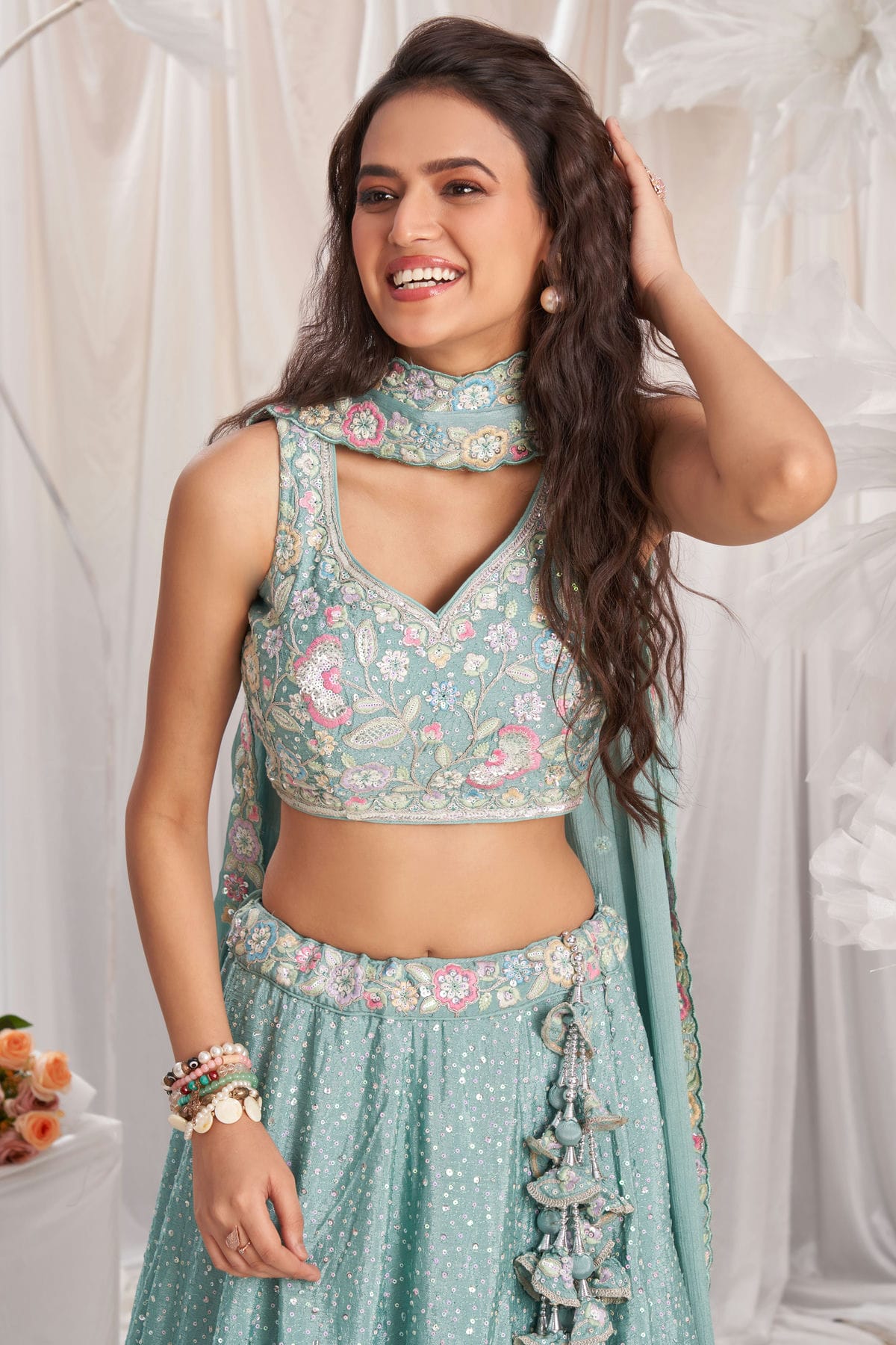 Sea Green Colour Chiffon Embroidery Lehenga Choli