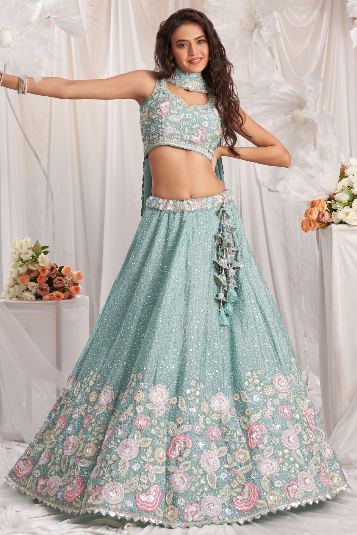 Sea Green Colour Chiffon Embroidery Lehenga Choli