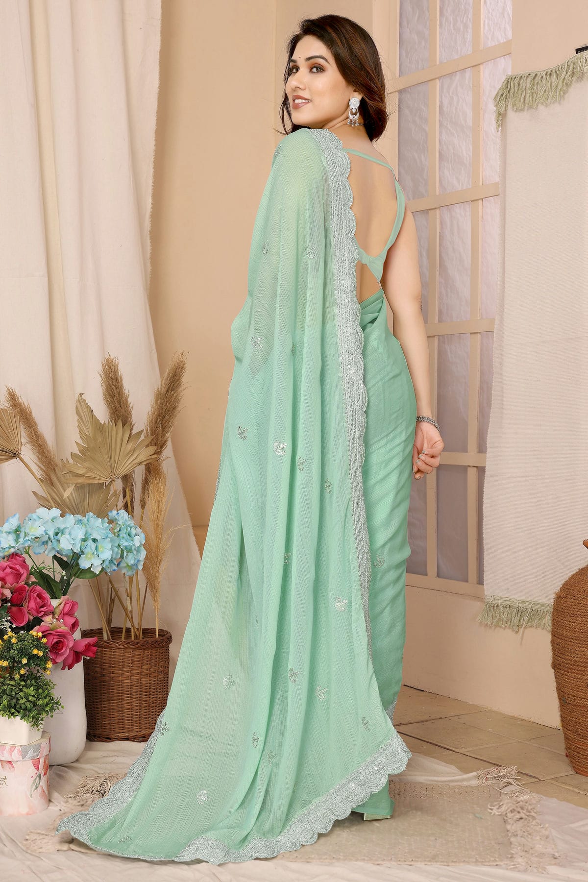 Sea Green Colour Chiffon Saree