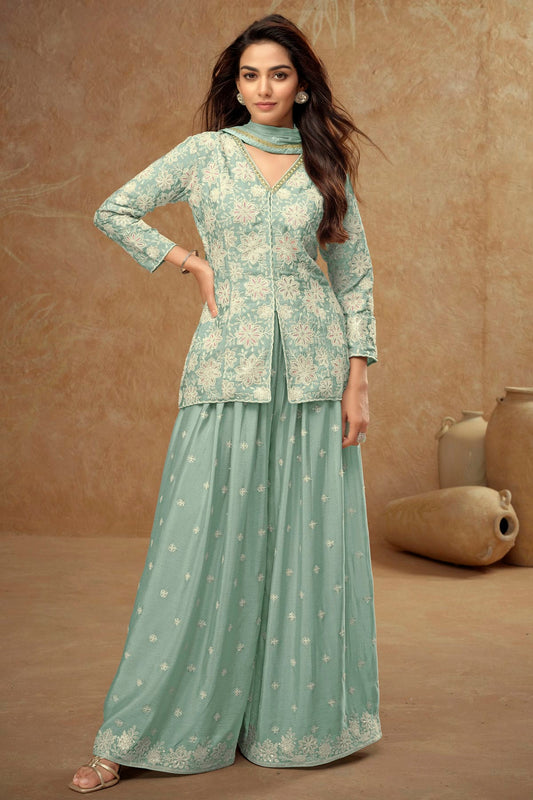 Sea Green Colour Chinon Palazzo Pant Suit