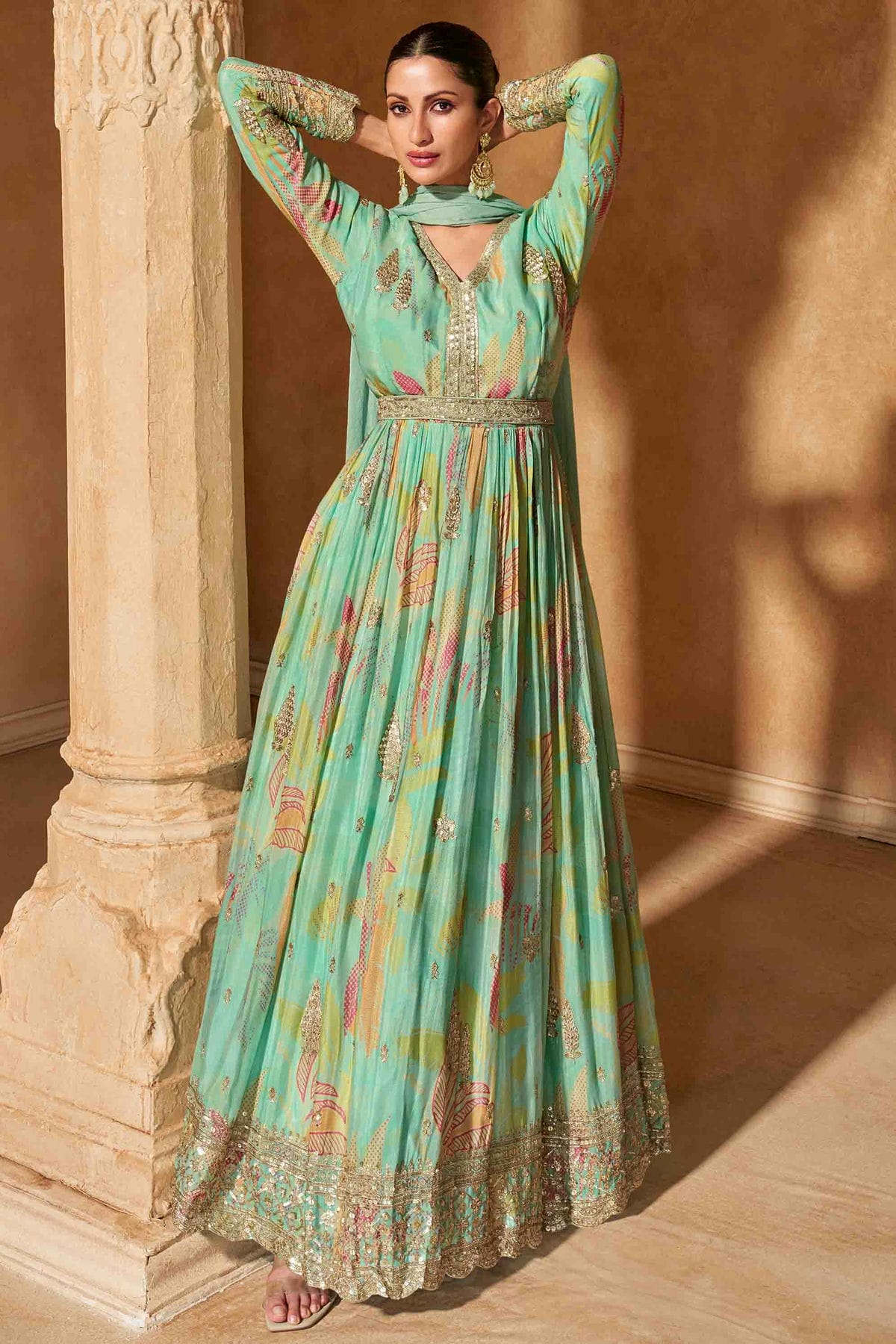 Sea Green Colour Chinon Silk Gown VSGW1140807