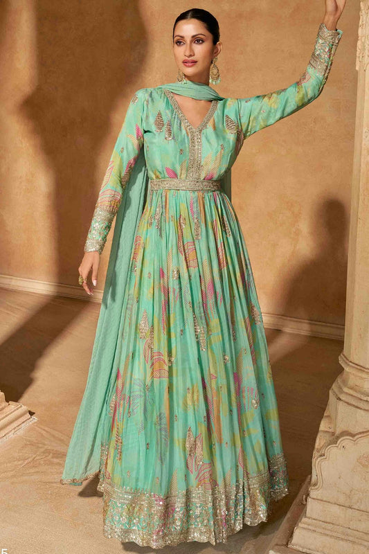 Sea Green Colour Chinon Silk Gown VSGW1140807