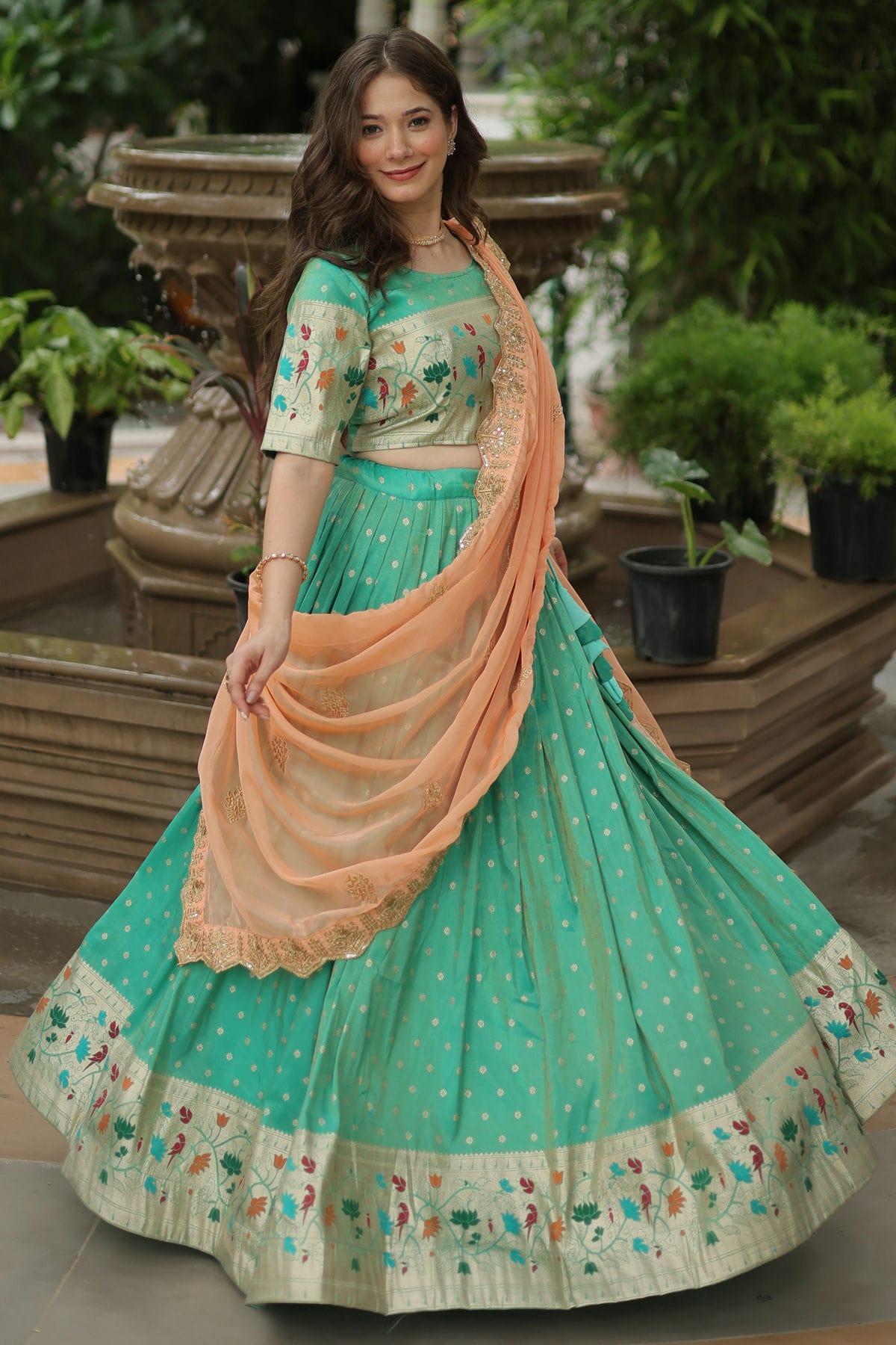 Sea Green Colour Cosmos Jacquard Embroidery Lehenga Choli