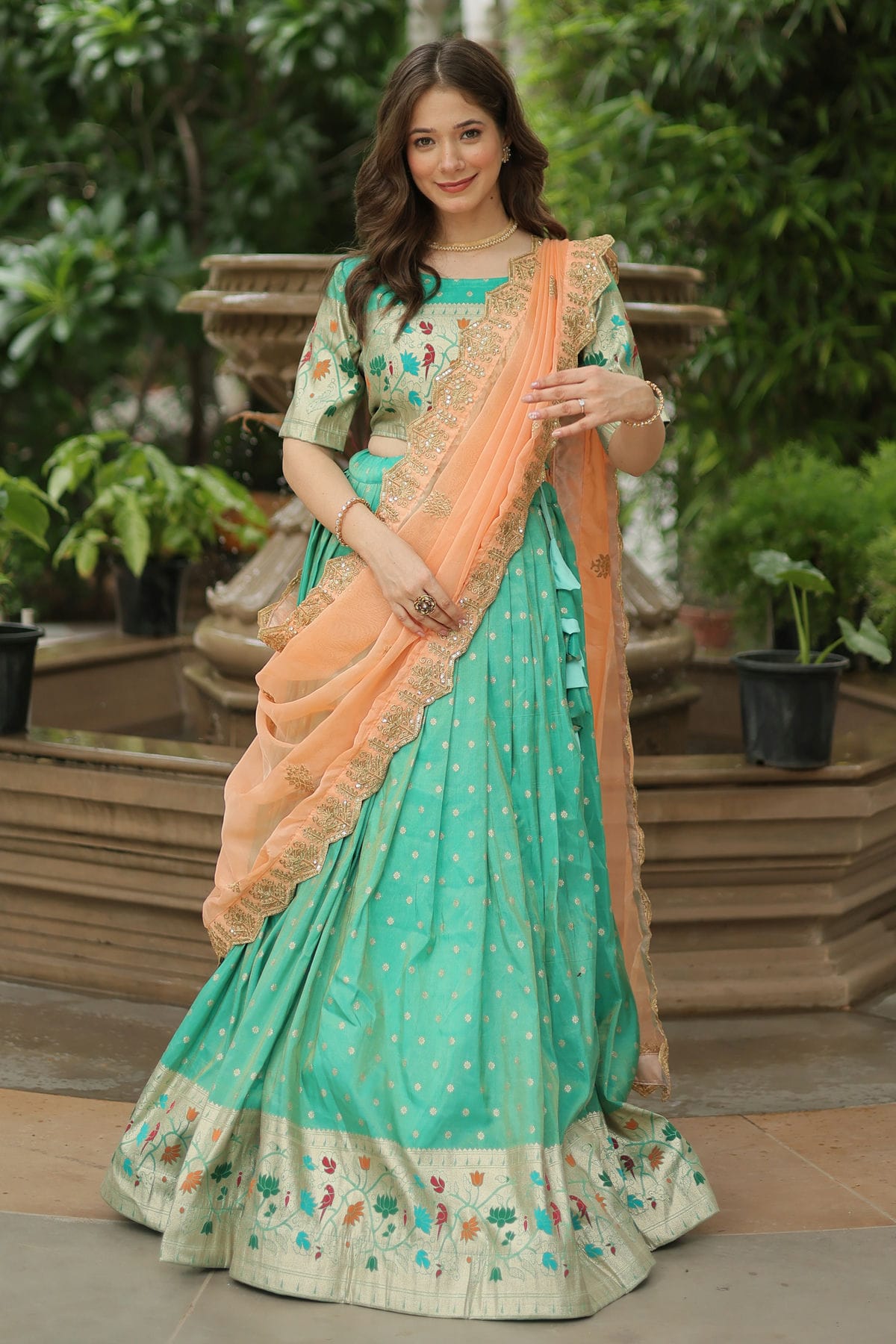 Sea Green Colour Cosmos Jacquard Embroidery Lehenga Choli