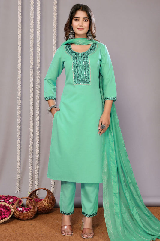 Sea Green Colour Cotton Blend Stitched Suit