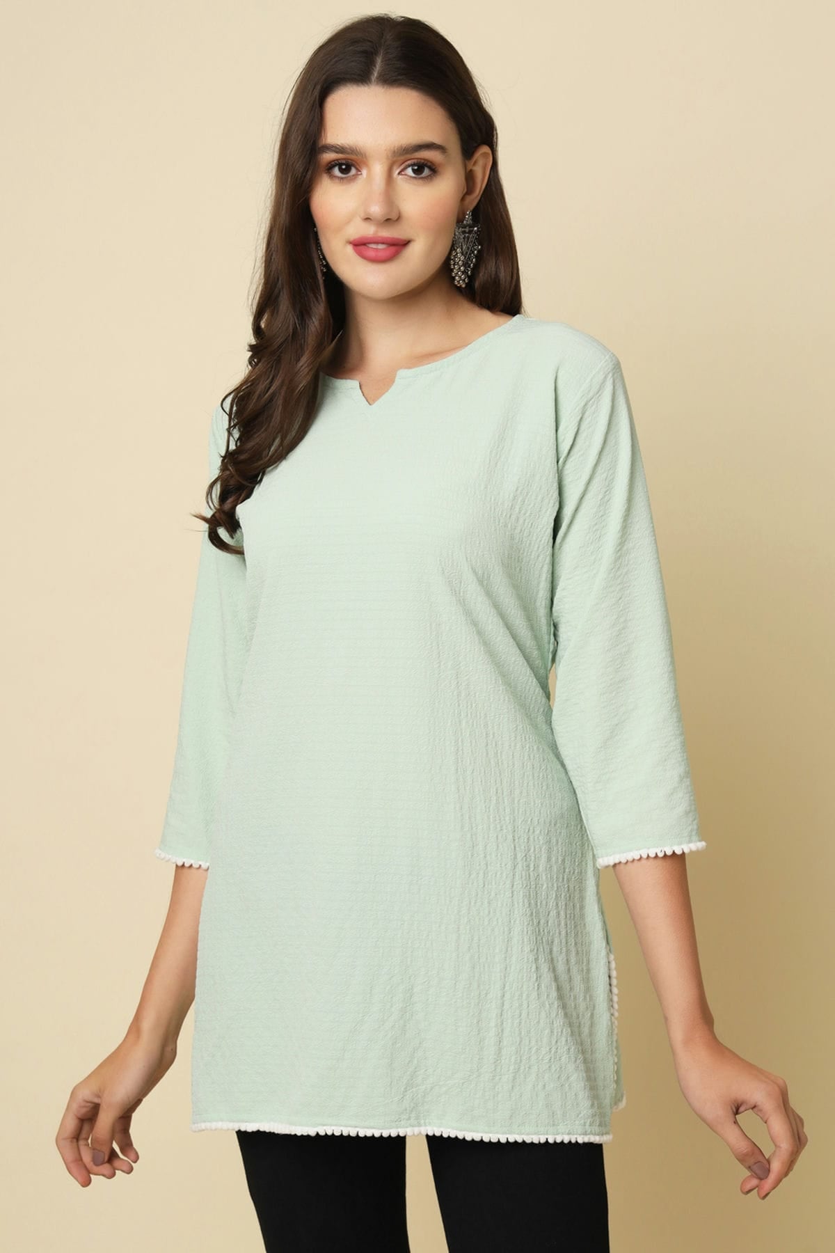 Sea Green Colour Cotton Crush Solid Work Readymade Top