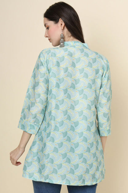 Sea Green Colour Cotton Printed Work Readymade Top