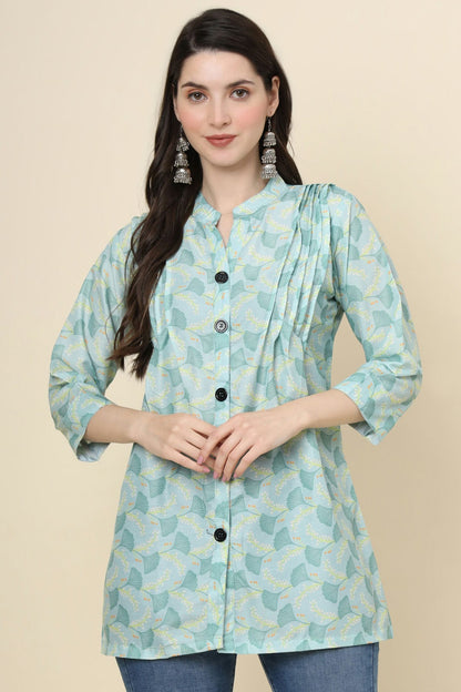 Sea Green Colour Cotton Printed Work Readymade Top