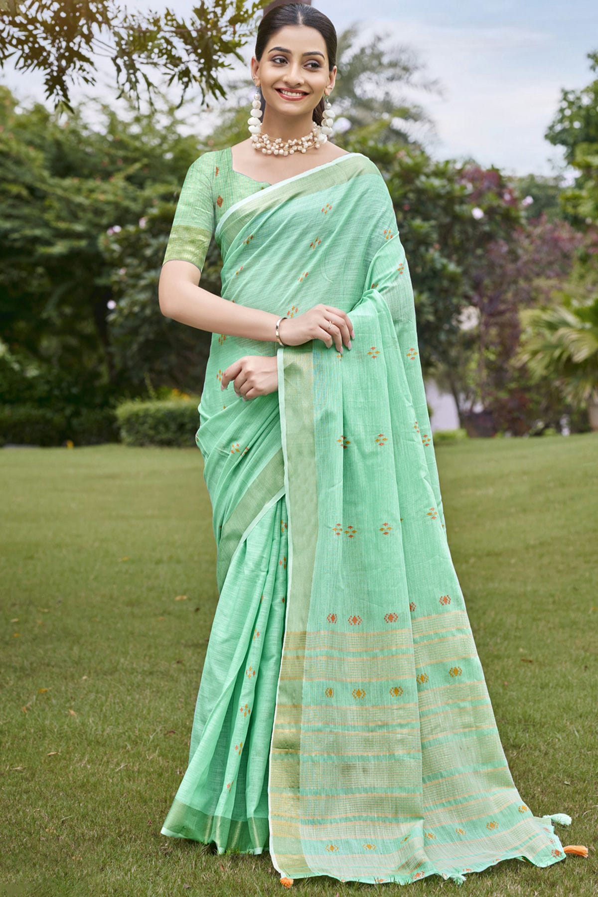 Sea Green Colour Cotton Woven Work Traditional Saree