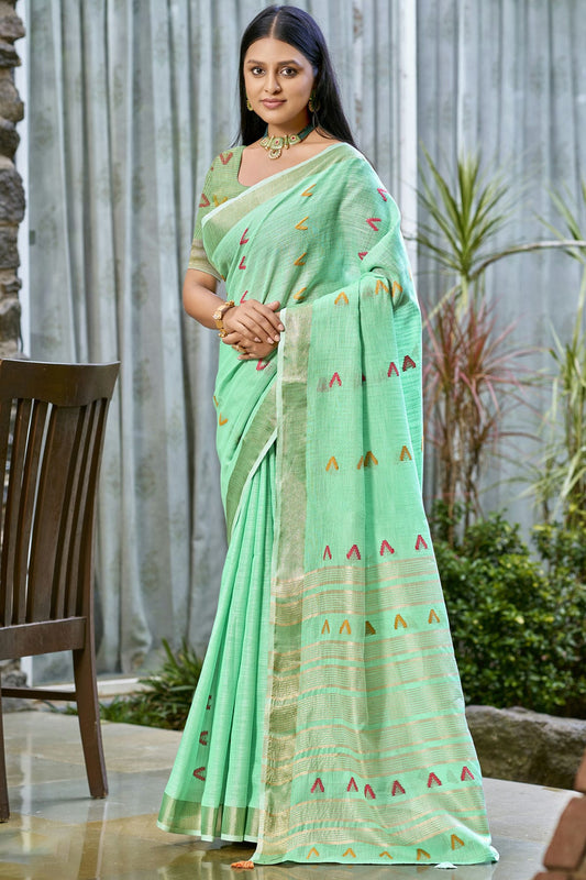 Sea Green Colour Cotton Woven Work Traditional Saree