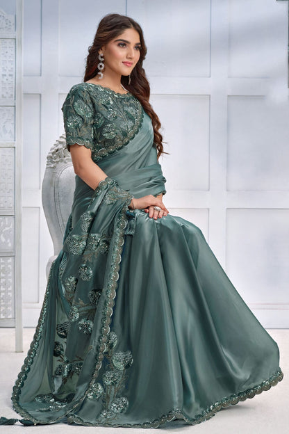 Sea Green Colour Crepe Satin Silk Designer Saree