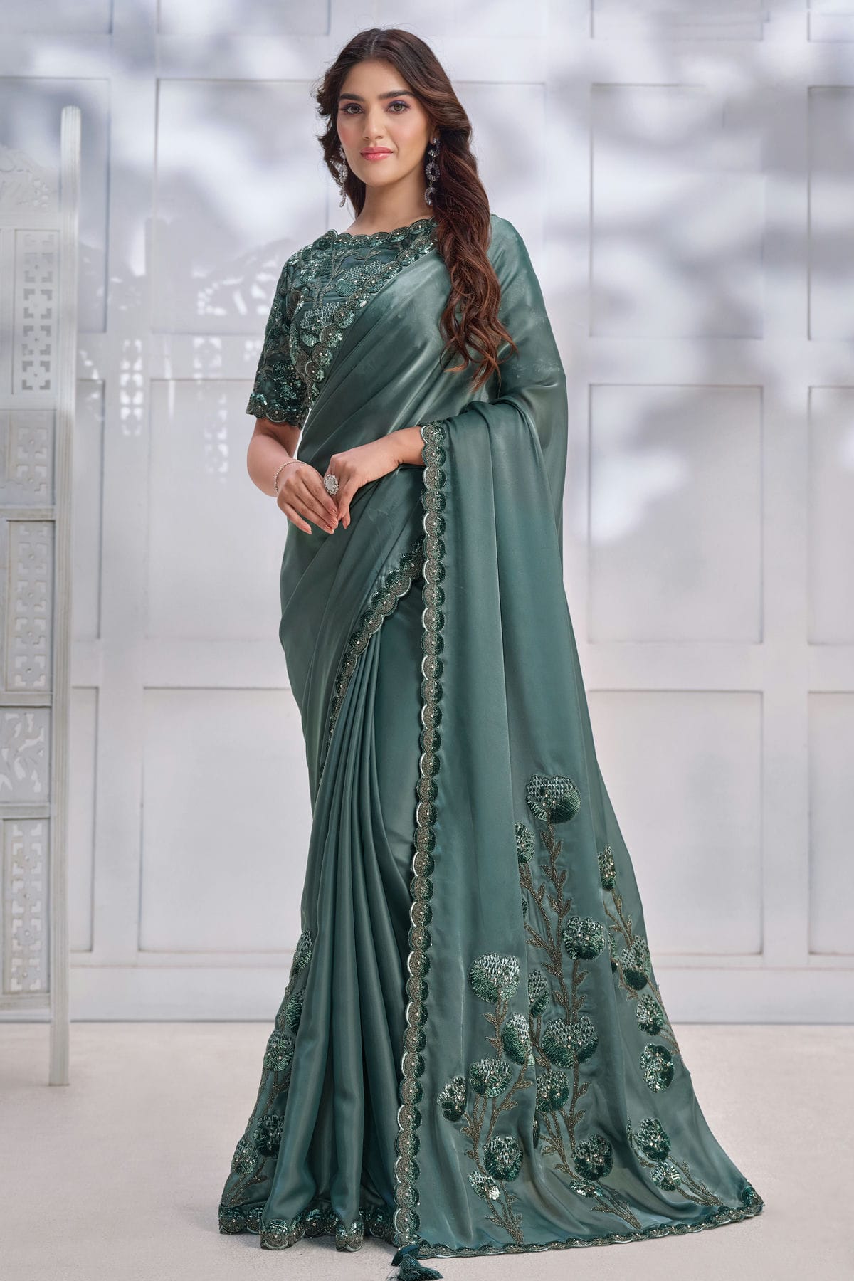 Sea Green Colour Crepe Satin Silk Designer Saree