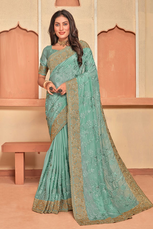 Sea Green Colour Crepe Silk Designer Saree