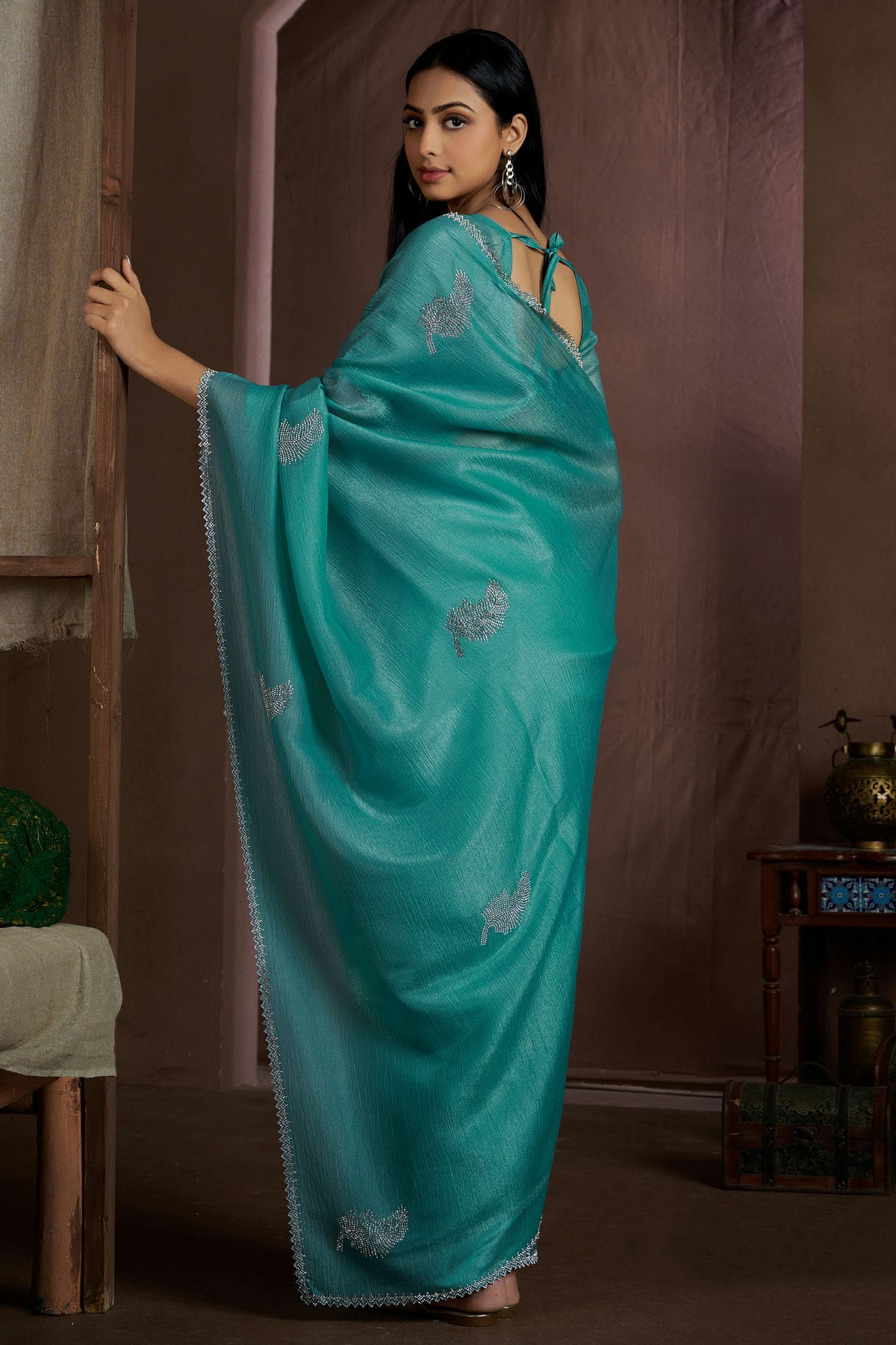 Sea Green Colour Crush Silk Designer Saree