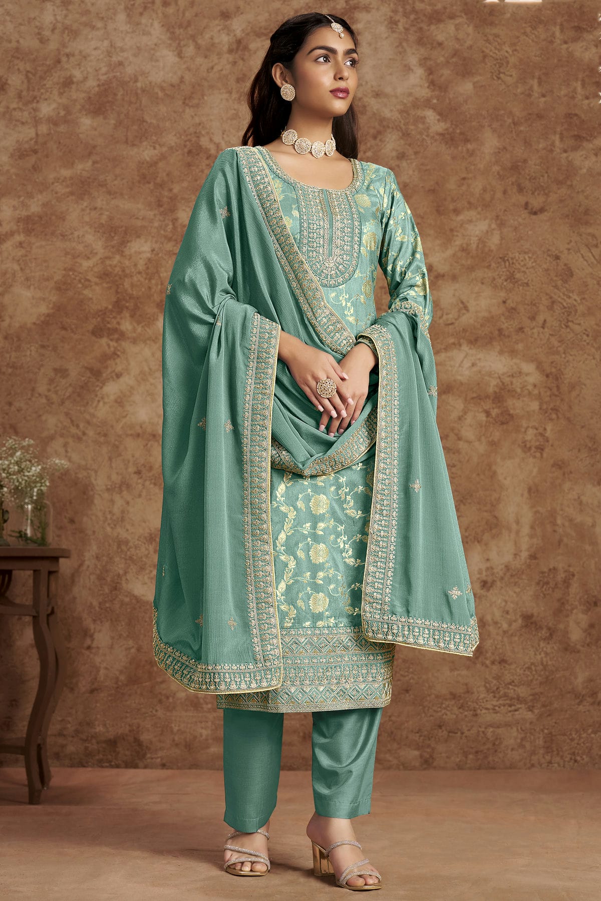 Sea Green Colour Dolla Silk Jacquard Straight Suit VSSM1050683