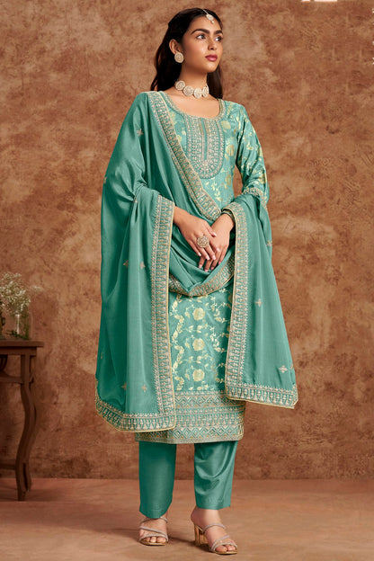 Sea Green Colour Dolla Silk Jacquard Straight Suit VSSM1050683