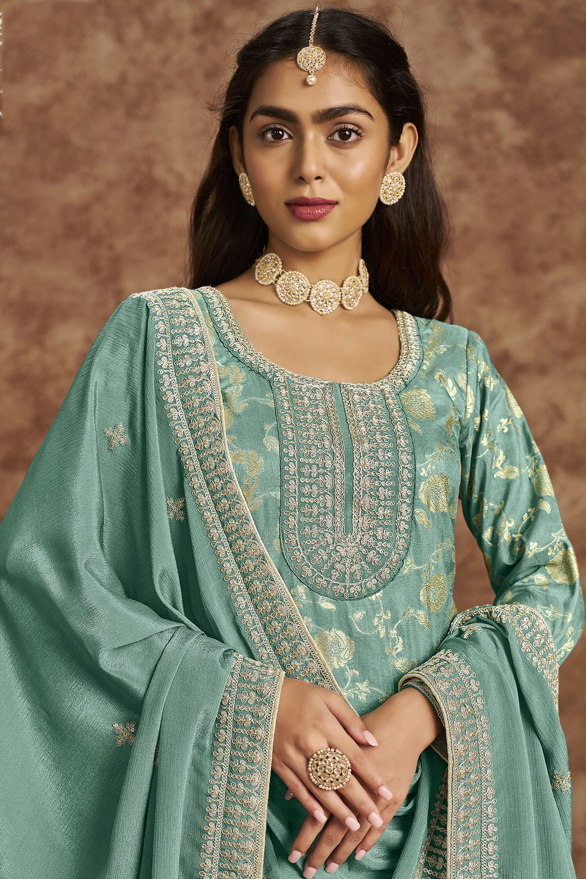 Sea Green Colour Dolla Silk Jacquard Straight Suit VSSM1050683