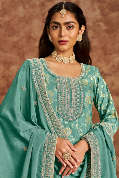 Sea Green Colour Dolla Silk Jacquard Straight Suit VSSM1050683