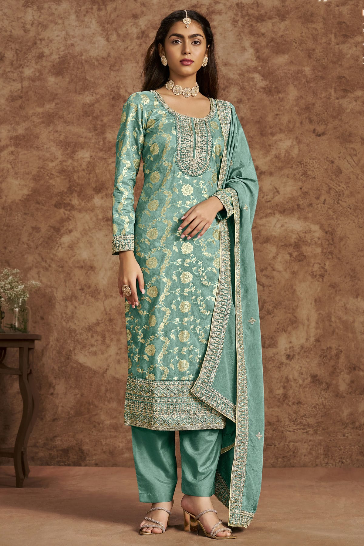 Sea Green Colour Dolla Silk Jacquard Straight Suit