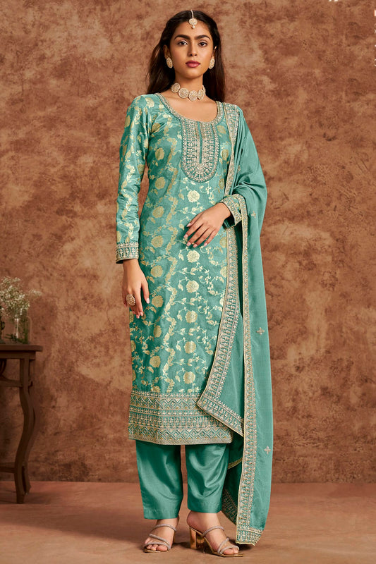 Sea Green Colour Dolla Silk Jacquard Straight Suit