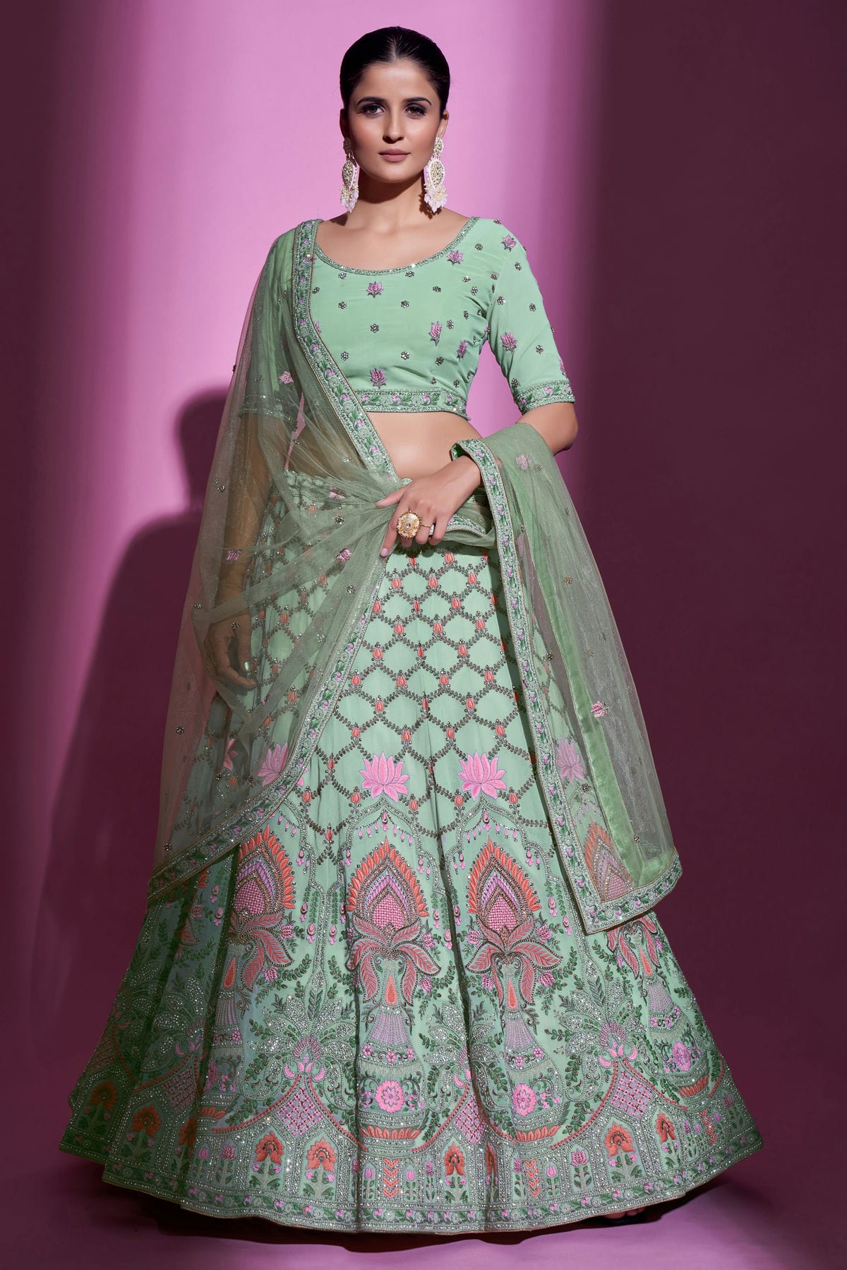 Sea Green Colour Embroidery Georgette Lehenga Choli