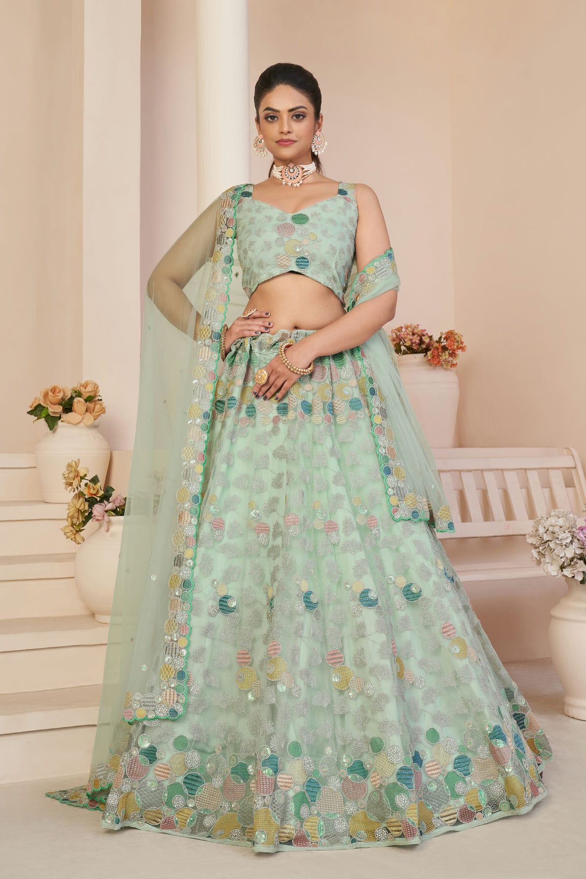 Sea Green Colour Embroidery Net Lehenga Choli