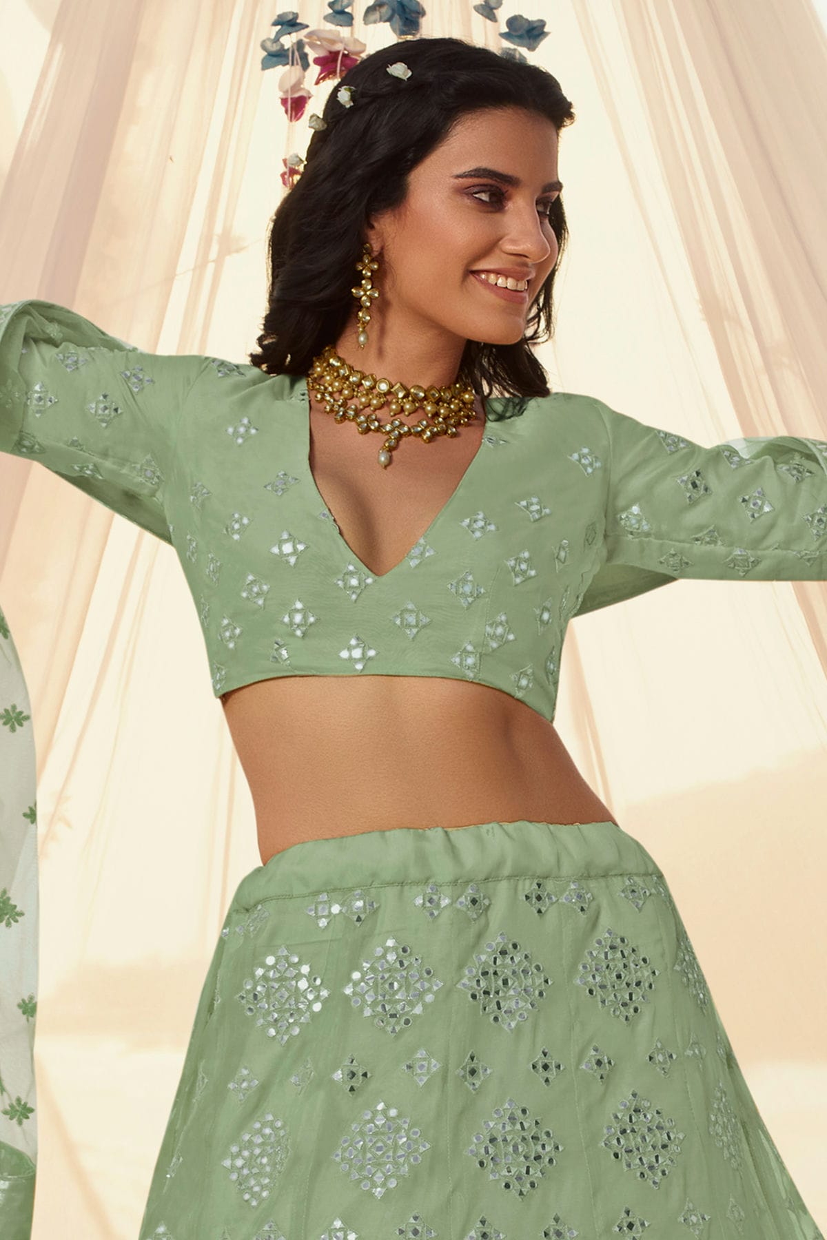 Sea Green Colour Embroidery Organza Lehenga Choli