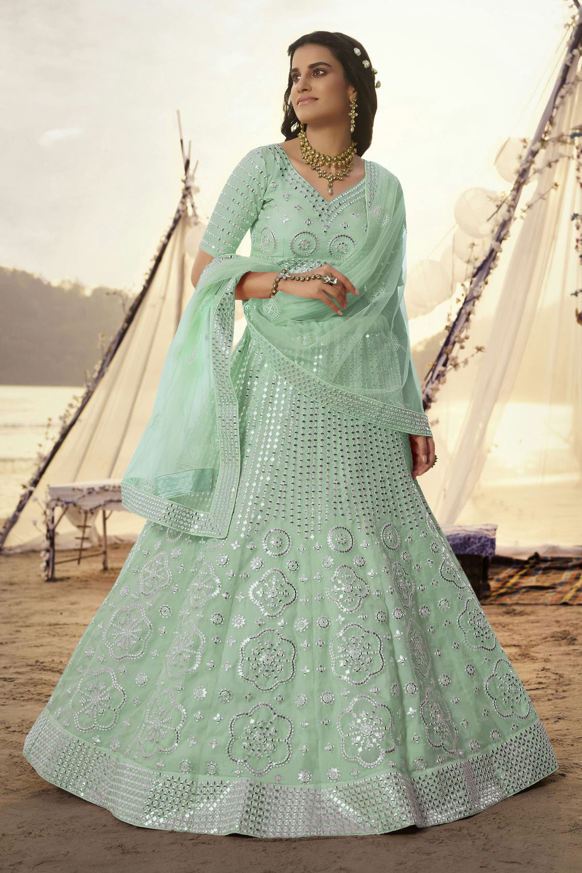 Sea Green Colour Embroidery Organza Lehenga Choli