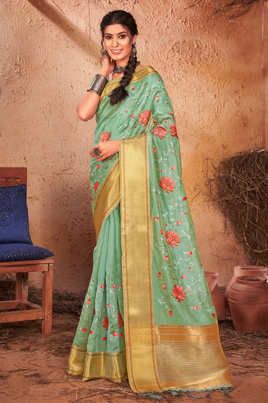 Sea Green Colour Embroidery Work Organza Saree