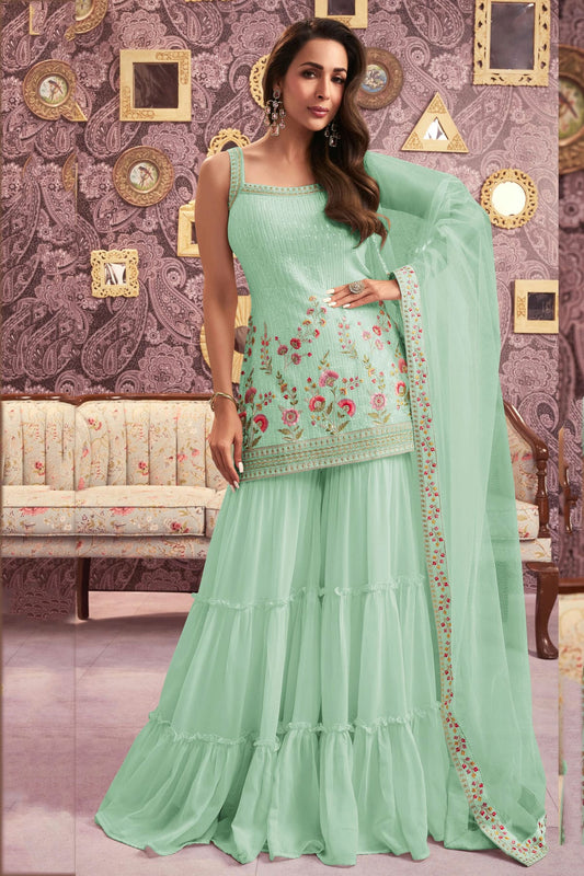 Sea Green Colour Faux Georgette Semi Stitched Sharara Suit