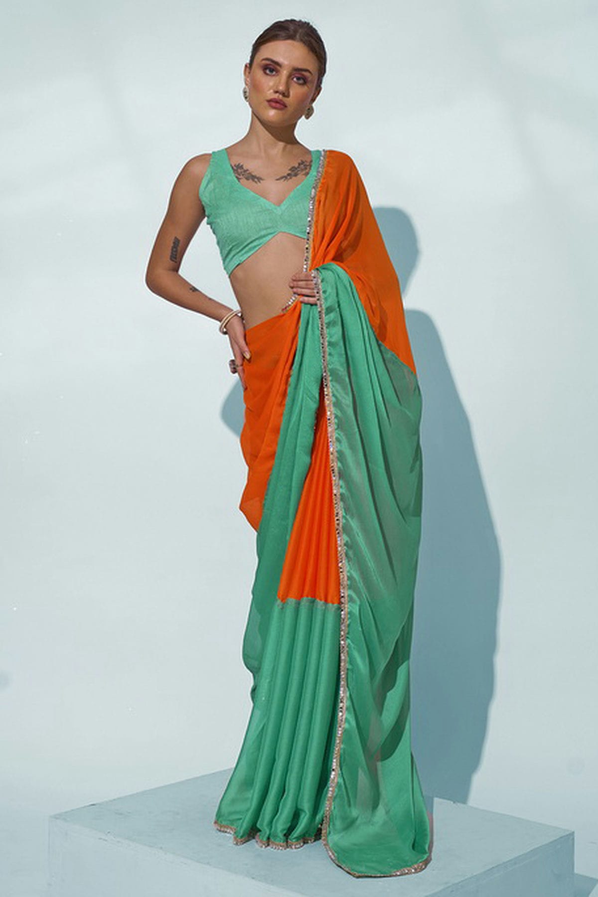 Sea Green Colour Georgette Designer Saree