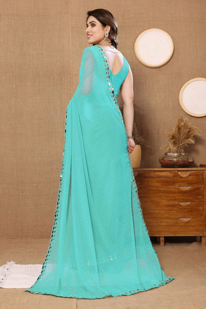 Sea Green Colour Georgette Mirror Work Saree