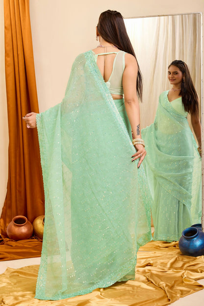 Sea Green Colour Georgette Saree