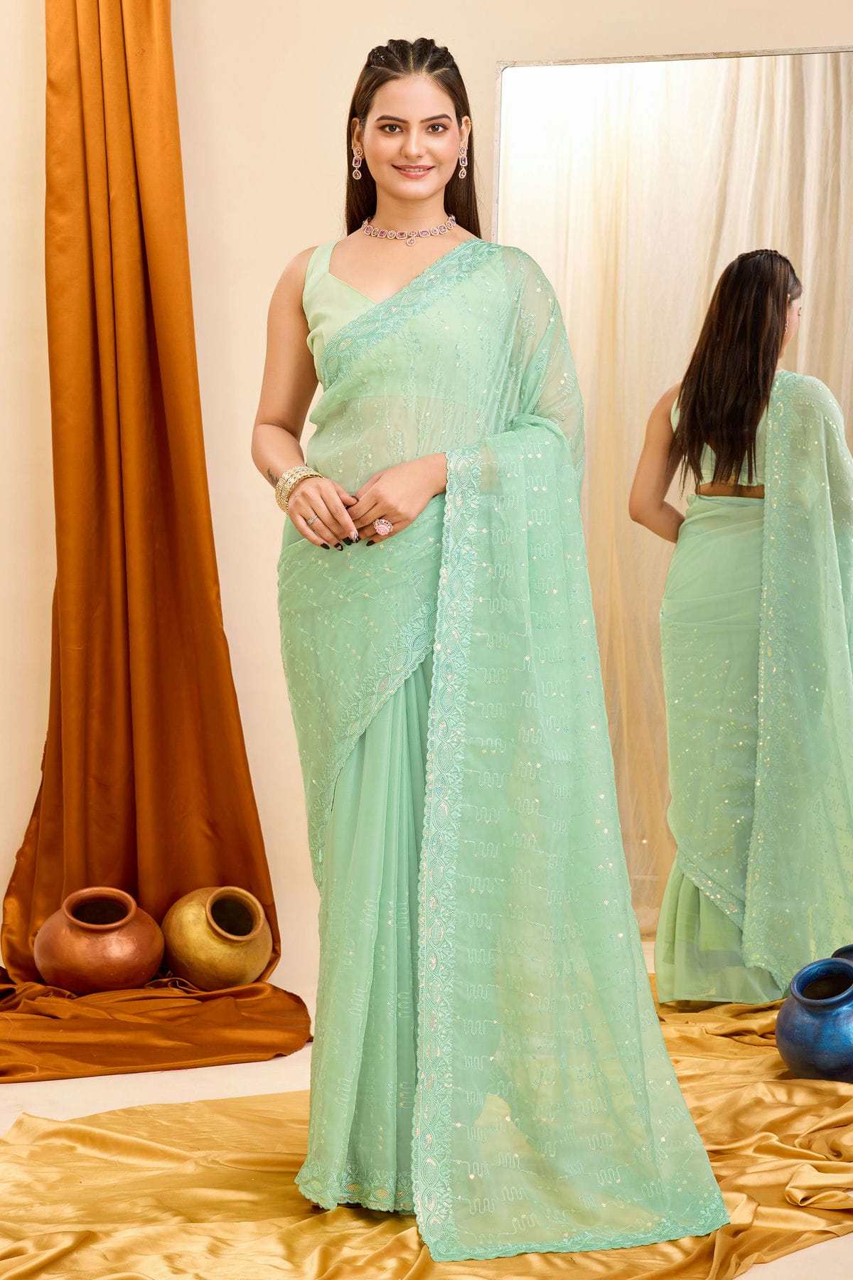 Sea Green Colour Georgette Saree