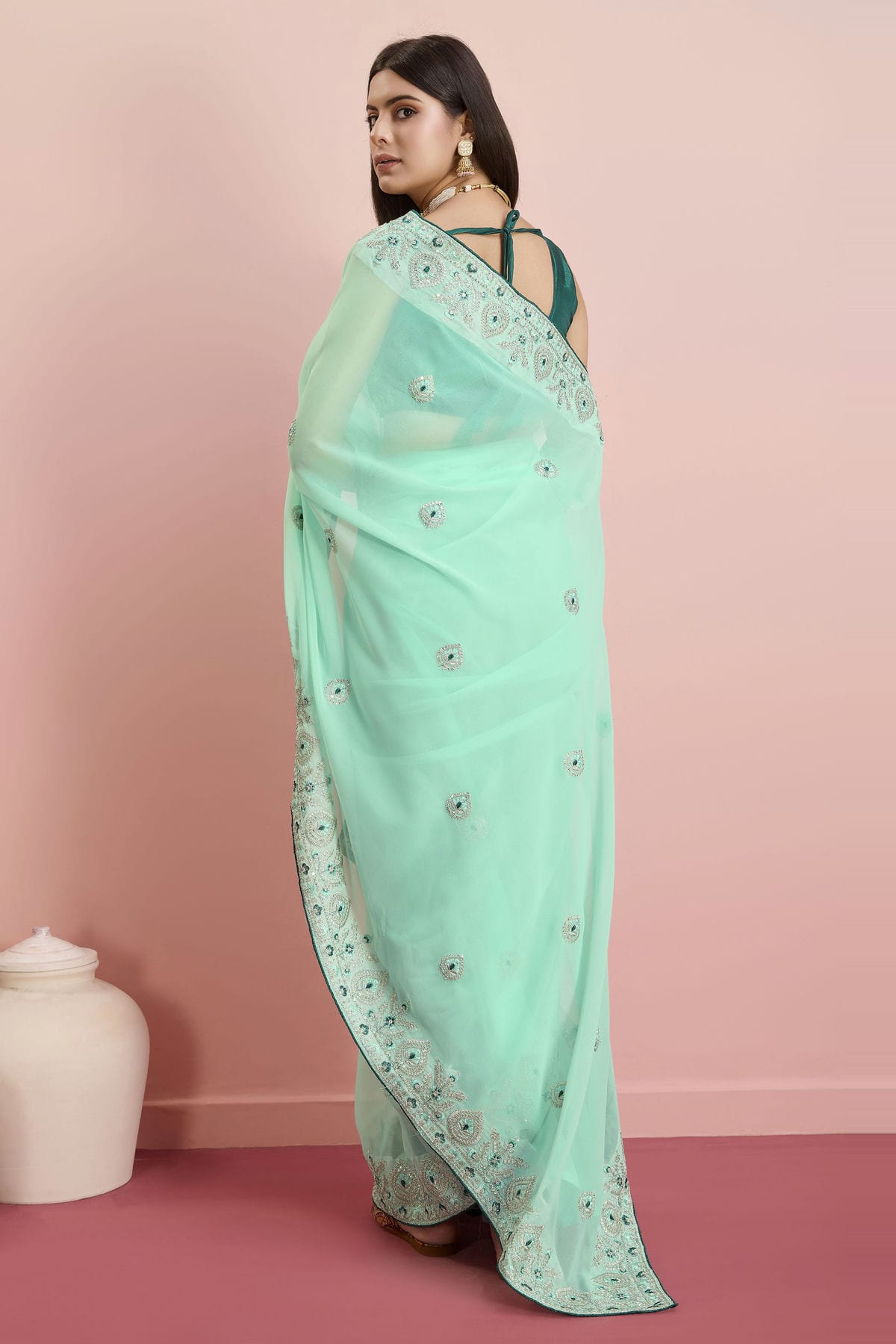 Sea Green Colour Georgette Saree