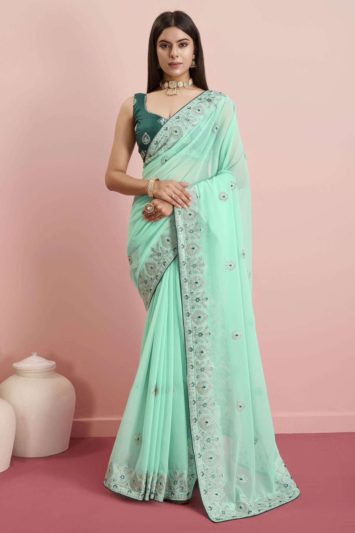 Sea Green Colour Georgette Saree