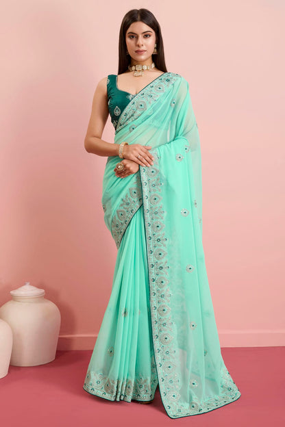 Sea Green Colour Georgette Saree