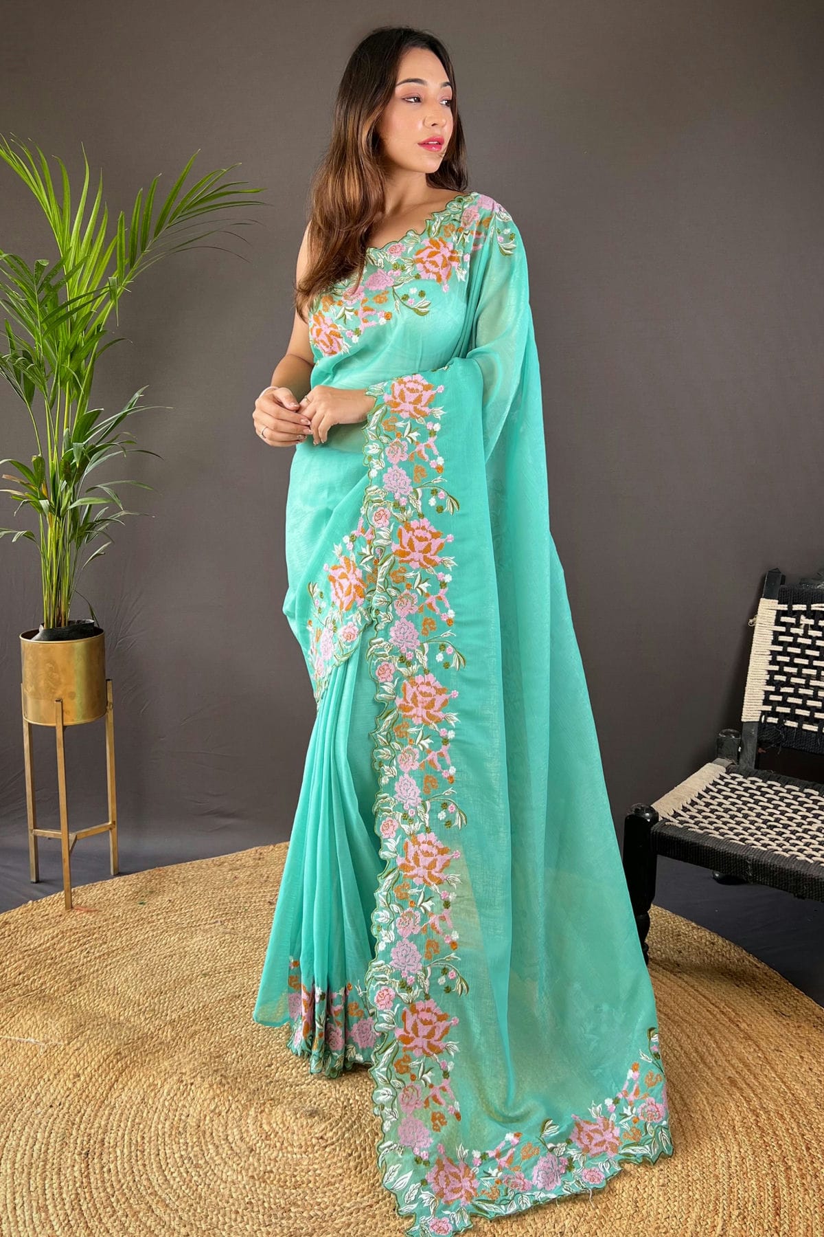 Sea Green Colour Glossy Silk Designer Saree